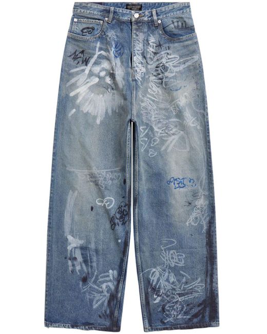 Balenciaga Blue Graffiti-print Wide-leg Jeans