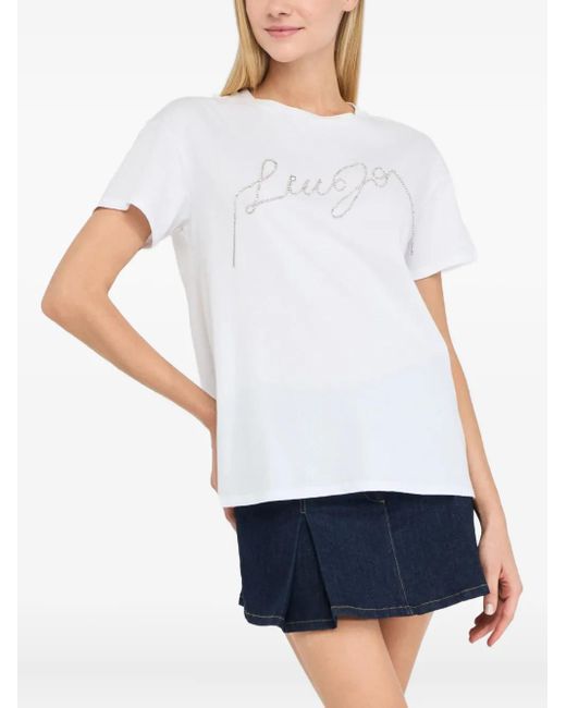 Liu Jo White Rhinestone-Embellished Crew-Neck T-Shirt