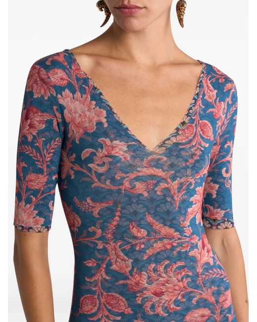 Etro Blue V-Neck Floral Motifed Midi Dress