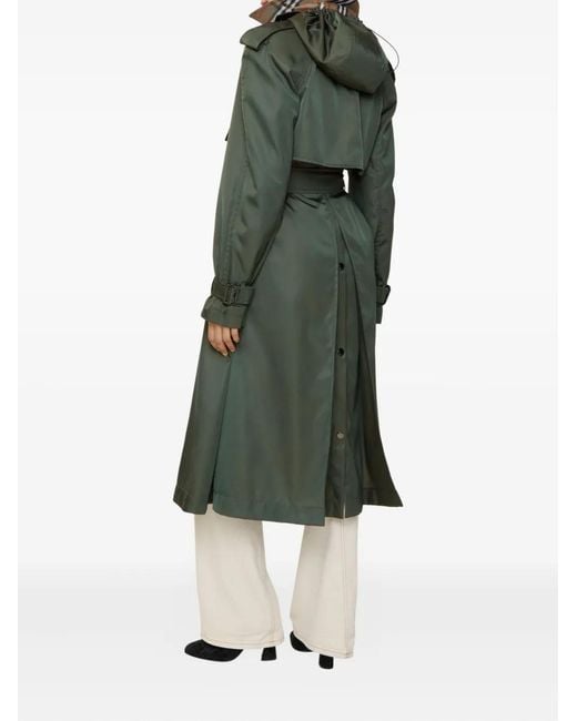 Burberry Green Hooded Belted Nylon Trench Coat