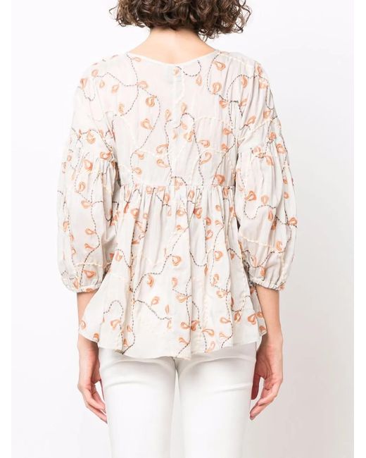 Alysi Natural Embroidered Flounce Smock Top