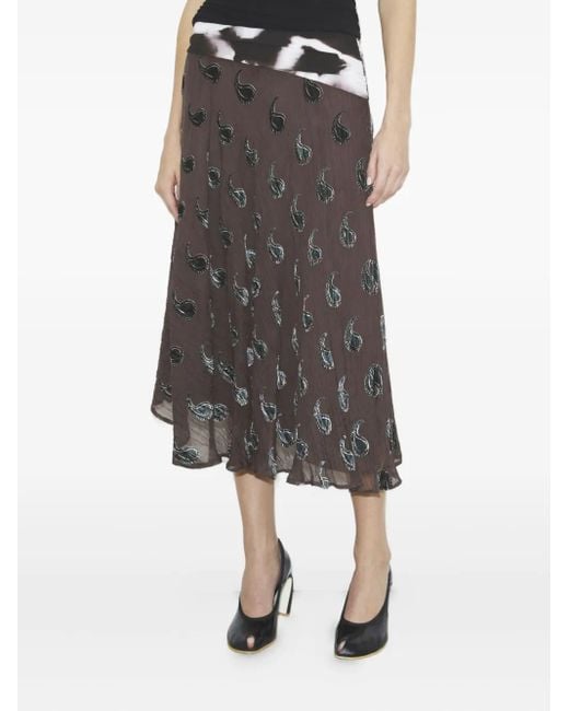 Tory Burch Gray Paisley-Pattern Asymmetric Midi Skirt