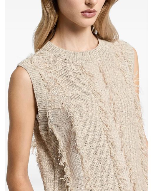 Peserico Natural Sequinned Fringed Knitted Top