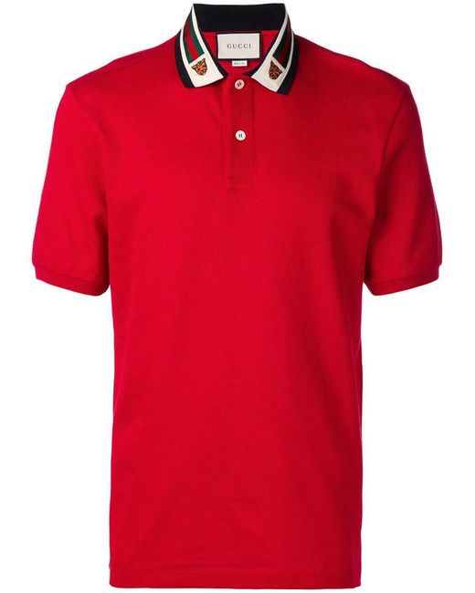 Gucci Red Cotton Polo With Web And Feline Head for men