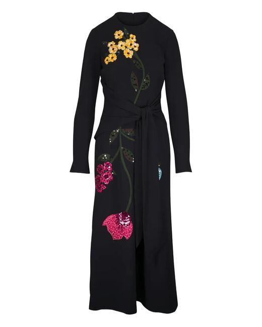 Lela Rose Black Floral-Embroidered Midi Dress
