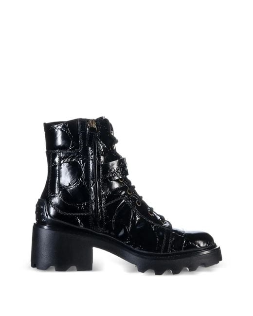 Tod's Black Croc-Effect Buckled Combat Boots