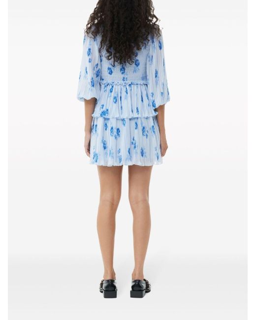 Ganni Geplooide Mini-jurk Met Bloemenprint in het Blue