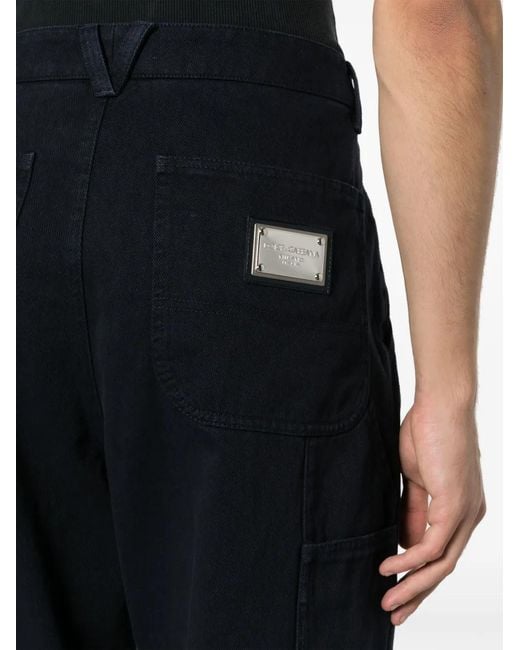 Dolce & Gabbana Blue Logo-Plaque Cotton Straight Trousers for men