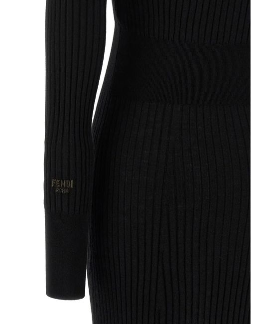 Fendi Black Wool Fitted Midi Dress Clothing