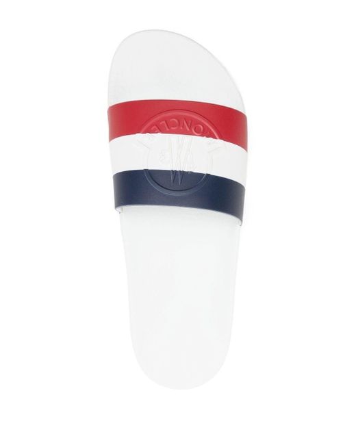 Moncler Stripe Embossed-logo Sliders in White for Men | Lyst