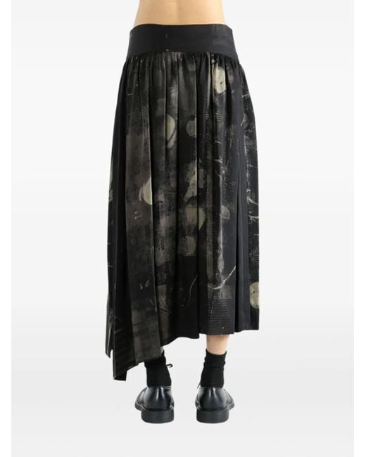 Y's Yohji Yamamoto Black Pleated Print Midi Skirt