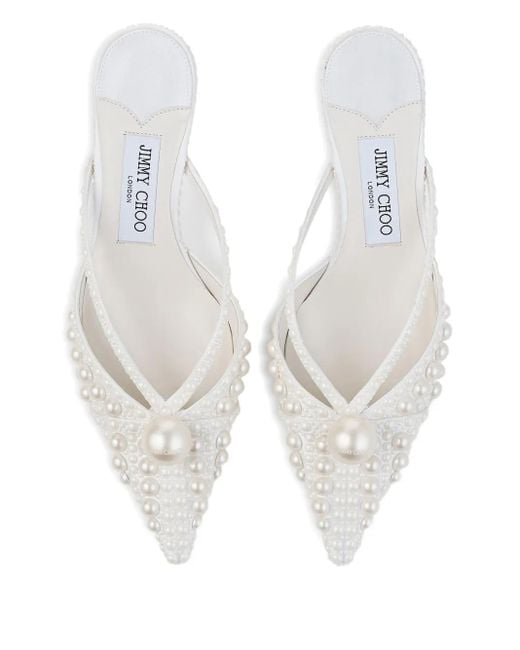 Jimmy Choo White Spitze Sana Mules mit Perlenverzierung 50mm