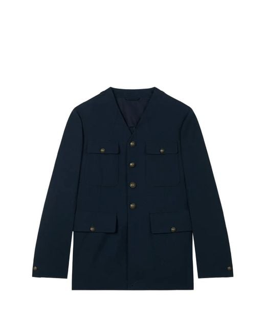 KENZO Blue Collarless Pocket-Details Button-Up Jacket for men