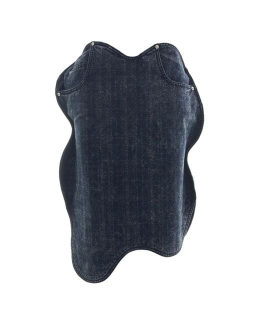 Pushbutton Blue Acid-Wash Asymmetric Skirt