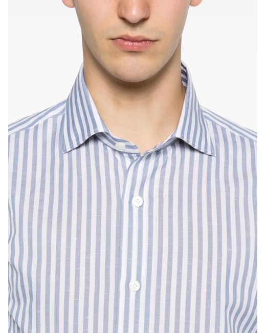 Eleventy Blue Vertical-Stripe Spread-Collar Shirt for men