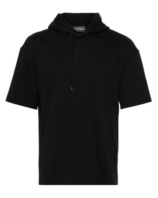 Emporio Armani Black Ribbed Short-sleeve Hoodie for men