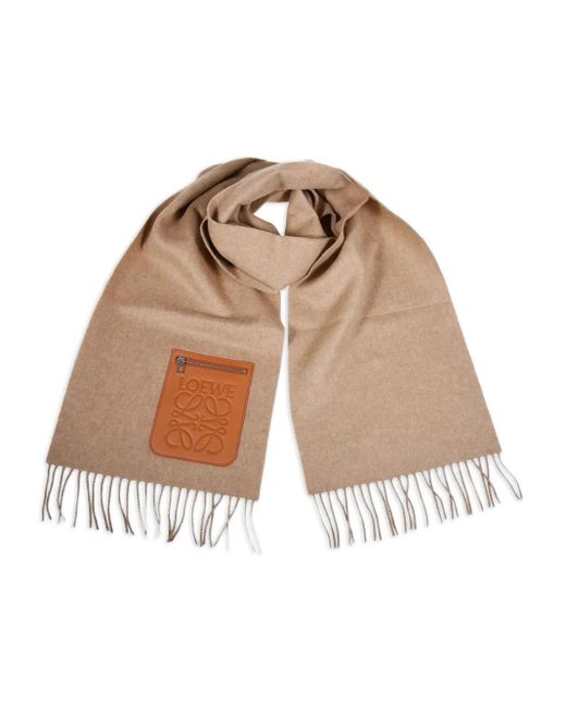 Loewe Brown Leather-Patch Fringed Scarf