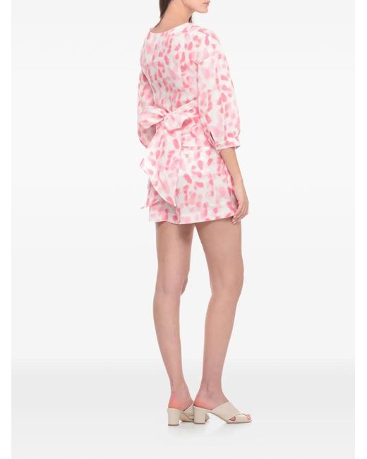 120% Lino Pink Abstract-Print Wrap-Style Blouse