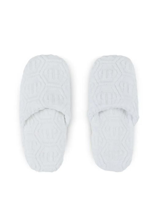 Philipp Plein White Puffy Slippers Hexagon