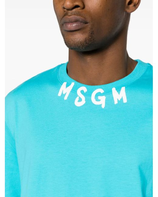 MSGM Blue Logo-Print Cotton T-Shirt for men