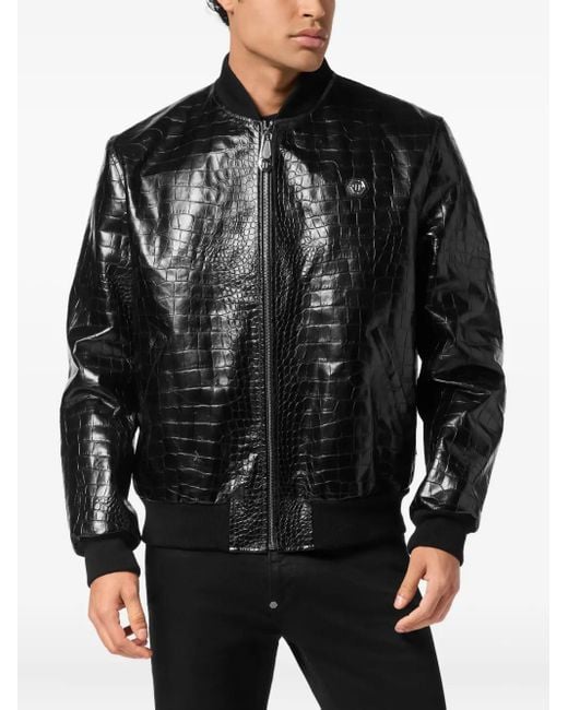 Philipp Plein Black Crocodile-Effect Leather Bomber Jacket for men