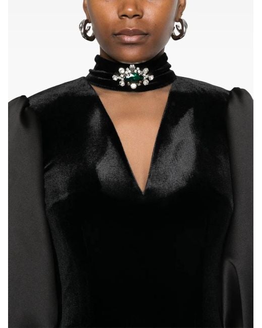 Nissa Black Velvet Puff-Sleeve Midi Dress