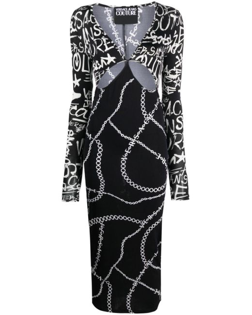 Versace Black Logo-print Cut-out Midi Dress