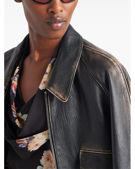 Prada Black Vintage-Finish Triangle-Patch Leather Blouson Jacket