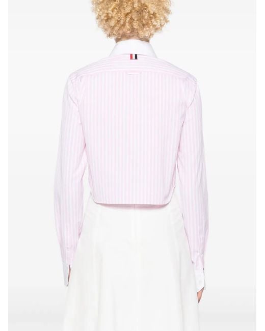 Thom Browne White Cropped Shirt With Vertical And Stripes And Classic Collar