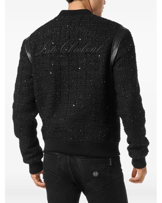 Philipp Plein Black Sequin-Embellished Leather-Trimmed Bomber Jacket for men