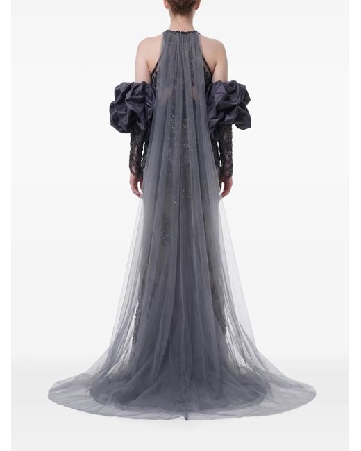 Gatti Nolli by Marwan Gray Bead-Embellished Ruffled-Sleeve Gown