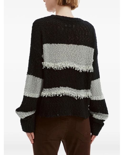 Izzue Black Fringe-Detail Striped Sweater