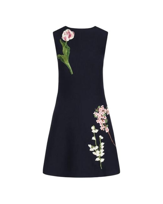 Oscar de la Renta Blue Botanical-Embroidered A-Line Mini Dress