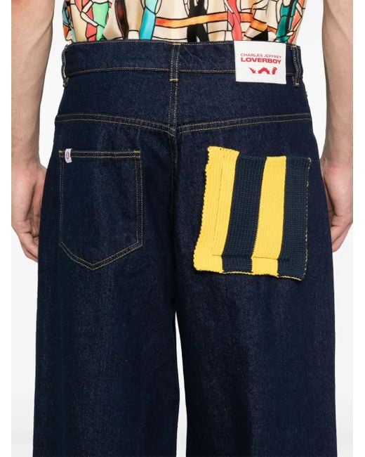 Charles Jeffrey Blue Knitted-Patch Wide-Leg Jeans