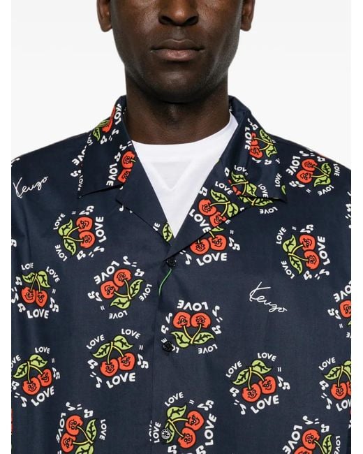 KENZO Blue Cherry-Print Short-Sleeve Shirt for men