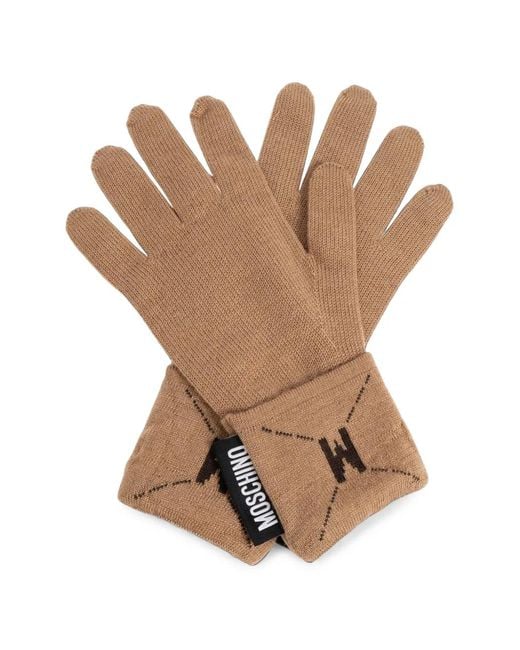 Moschino Brown Logo-Tag Wool Gloves