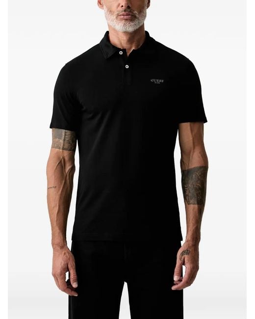 Guess Black Logo-Detail Buttoned Polo Shirt for men