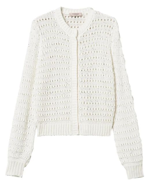 Twinset White Sequin-Embellished Open-Knit Cardigan