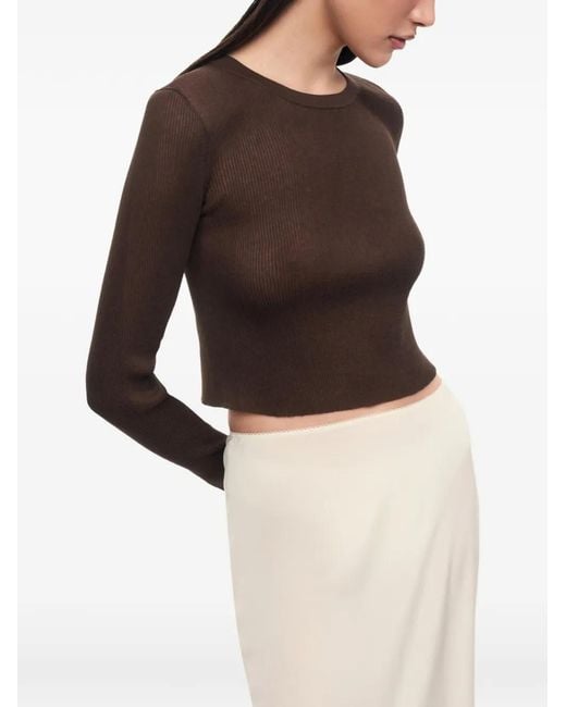 12 STOREEZ Brown Lattice Ribbed-Knit Cropped Sweater
