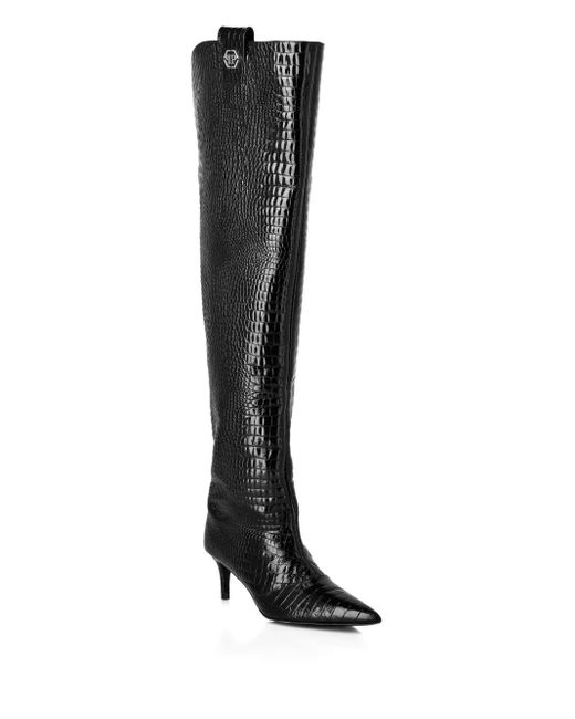 Philipp Plein Black Leather Stiletto-Heel Over-The-Knee Boots