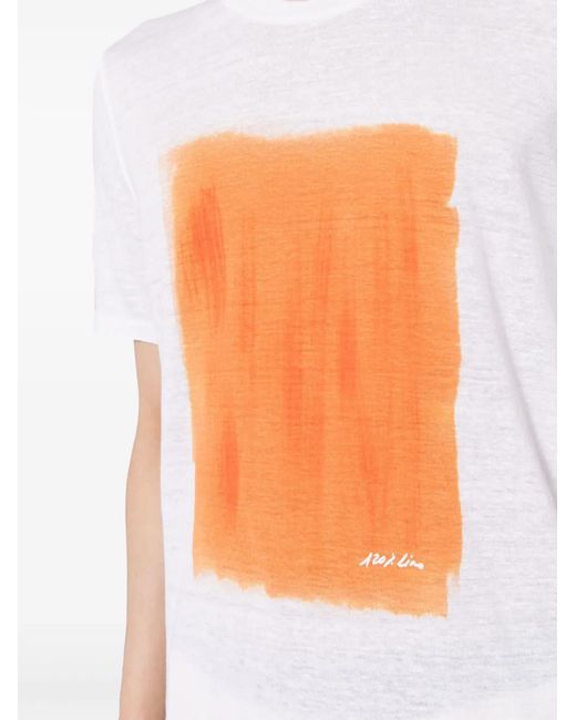 120% Lino Orange Paint-Print Linen T-Shirt for men
