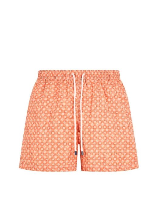Fedeli Orange Patterned Drawstring Swim Shorts for men