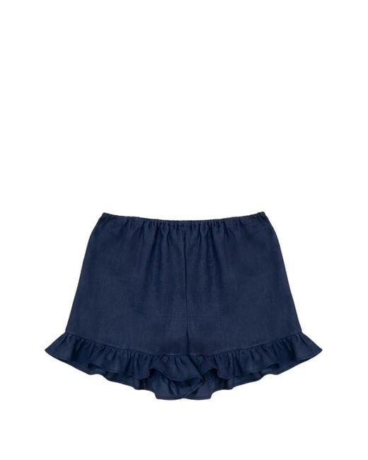 Sleeper Blue Ruffle-Trim Linen Shorts