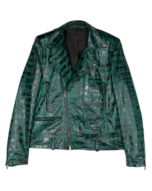 Salvatore Santoro Green Crocodile-embossed Leather Jacket for men