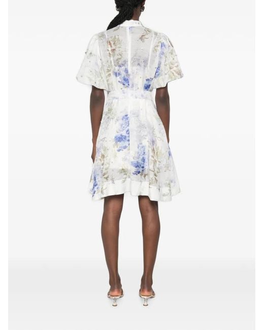 Paperlace White Crystal-Embellished Floral-Print Mini Shirt Dress