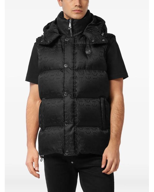 Philipp Plein Black Nylon Down Vest Monogram for men