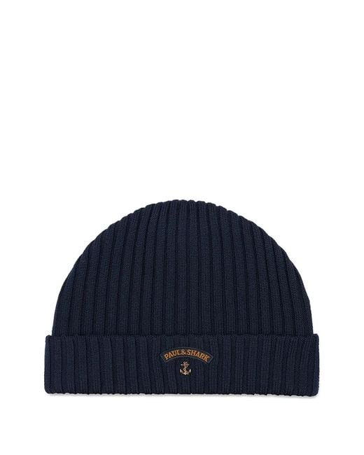 Paul & Shark Blue Ribbed Beanie Hat for men