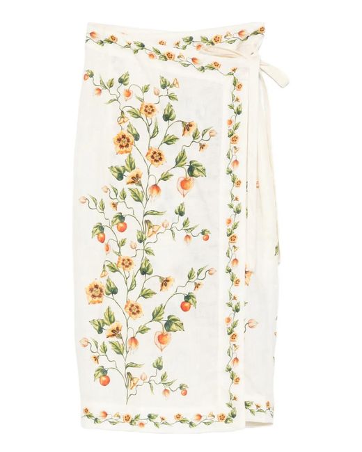 Agua Bendita White Pareo Floral Pencil Midi Skirt