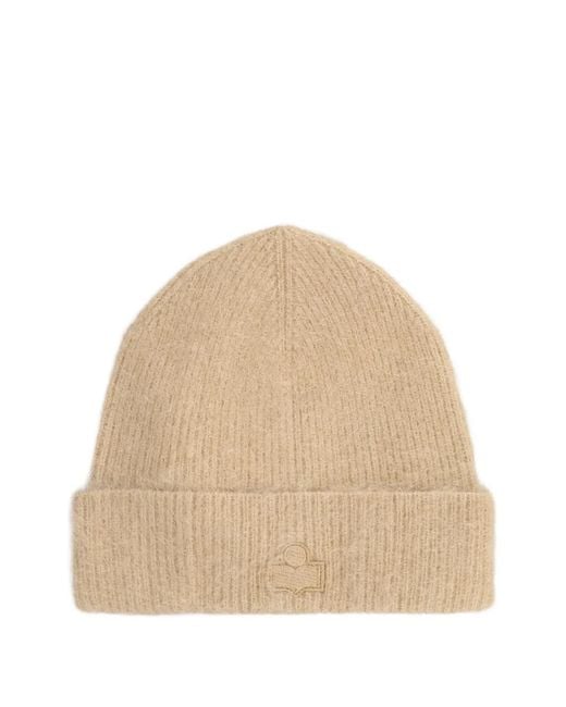 Isabel Marant Natural Logo-Patch Ribbed-Knit Beanie Hat