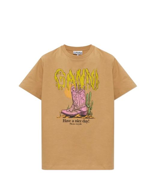 Ganni Natural Graphic Crew Neck T-Shirt
